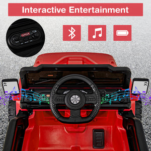 Red toy car with steering wheel and dashboard, featuring Bluetooth, music, and battery icons on a gray background.