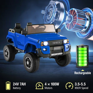 Blue toy truck with charging battery and motor components on a dark background