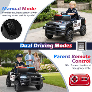 Children playing with a police-themed toy car on a driveway, with text about manual and remote control modes.