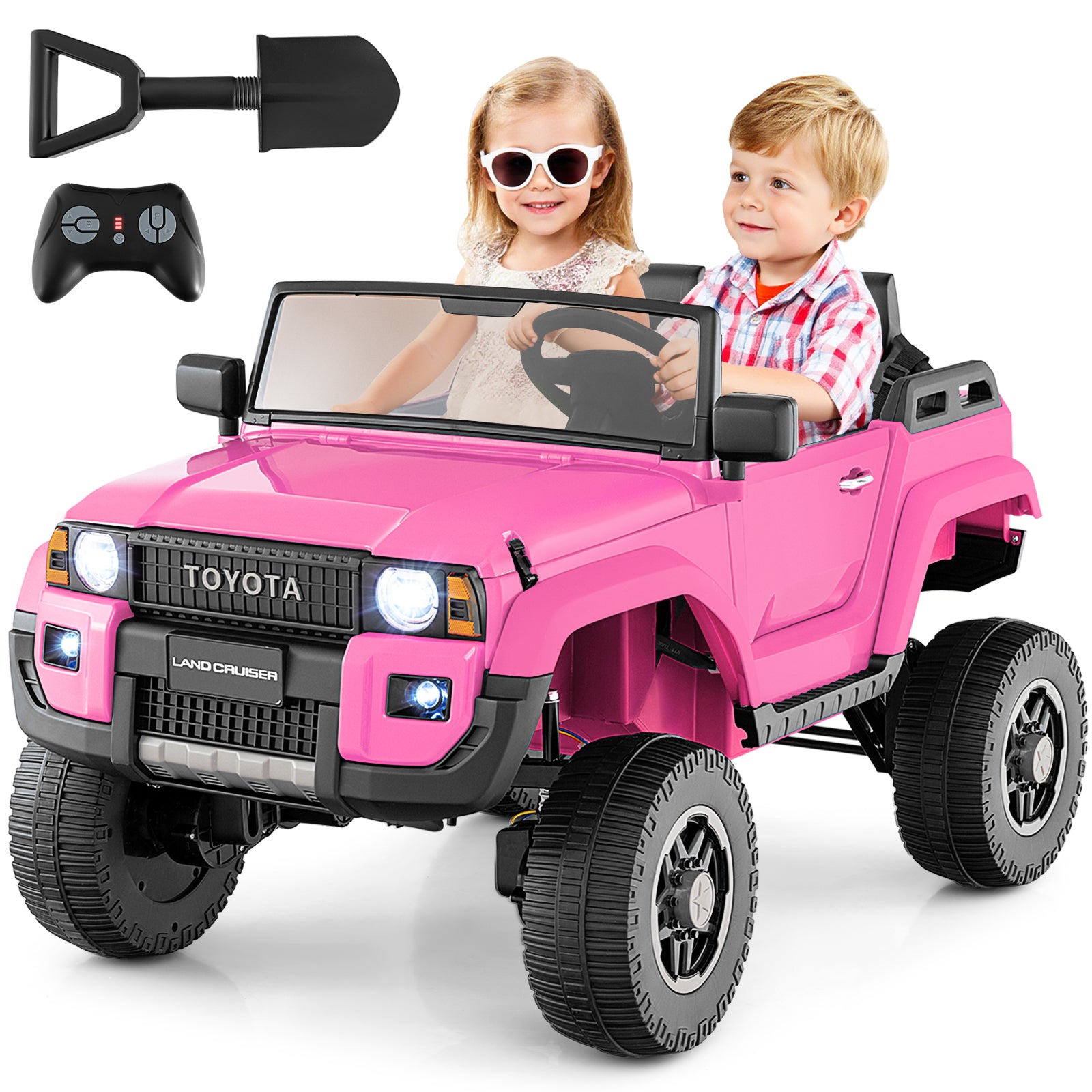 Pink toy car with remote control, shovel, and children sitting inside on a white background