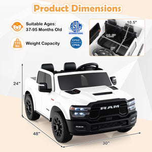 White toy truck with dimensions and safety certification logos on a white background