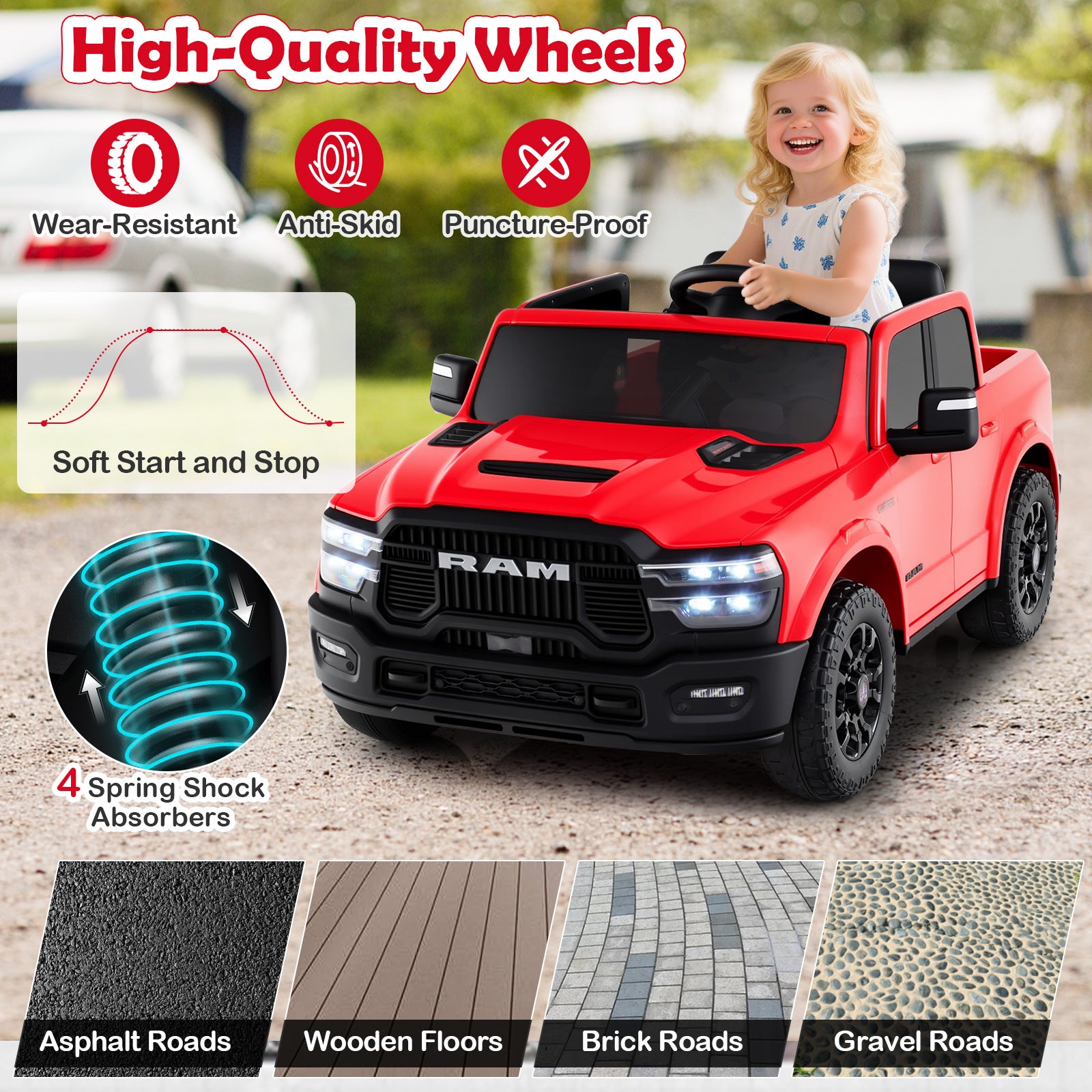 Red toy truck with features highlighted on a road surface