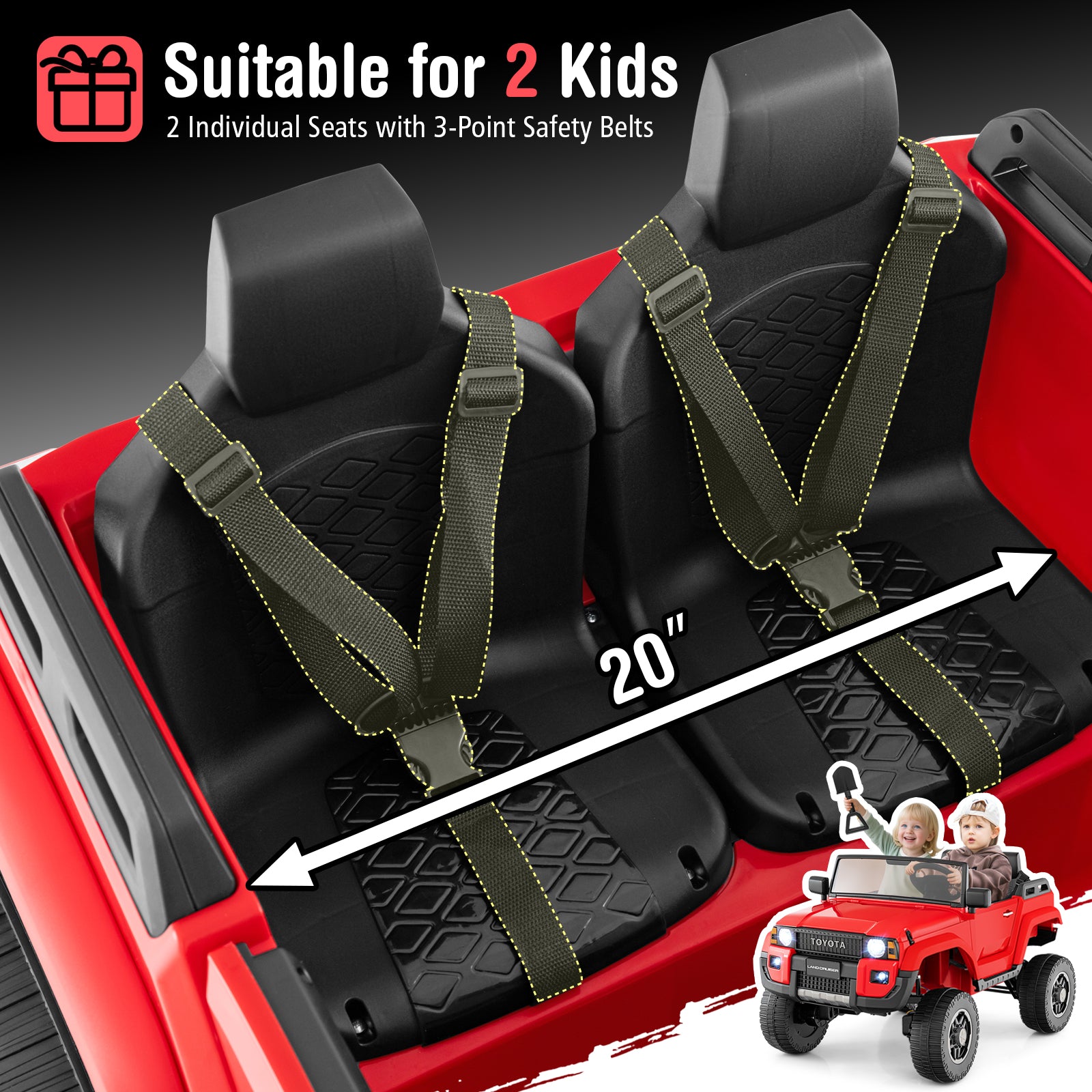 Car seat with 3-point safety belts for two children, suitable for a red vehicle.