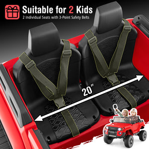 Car seat with 3-point safety belts for two children, suitable for a red vehicle.