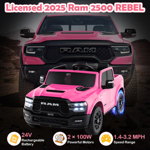 Pink toy truck resembling a 2025 Ram 2500 Rebel with specifications displayed.