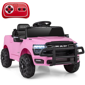 Pink toy truck with remote control on a white background