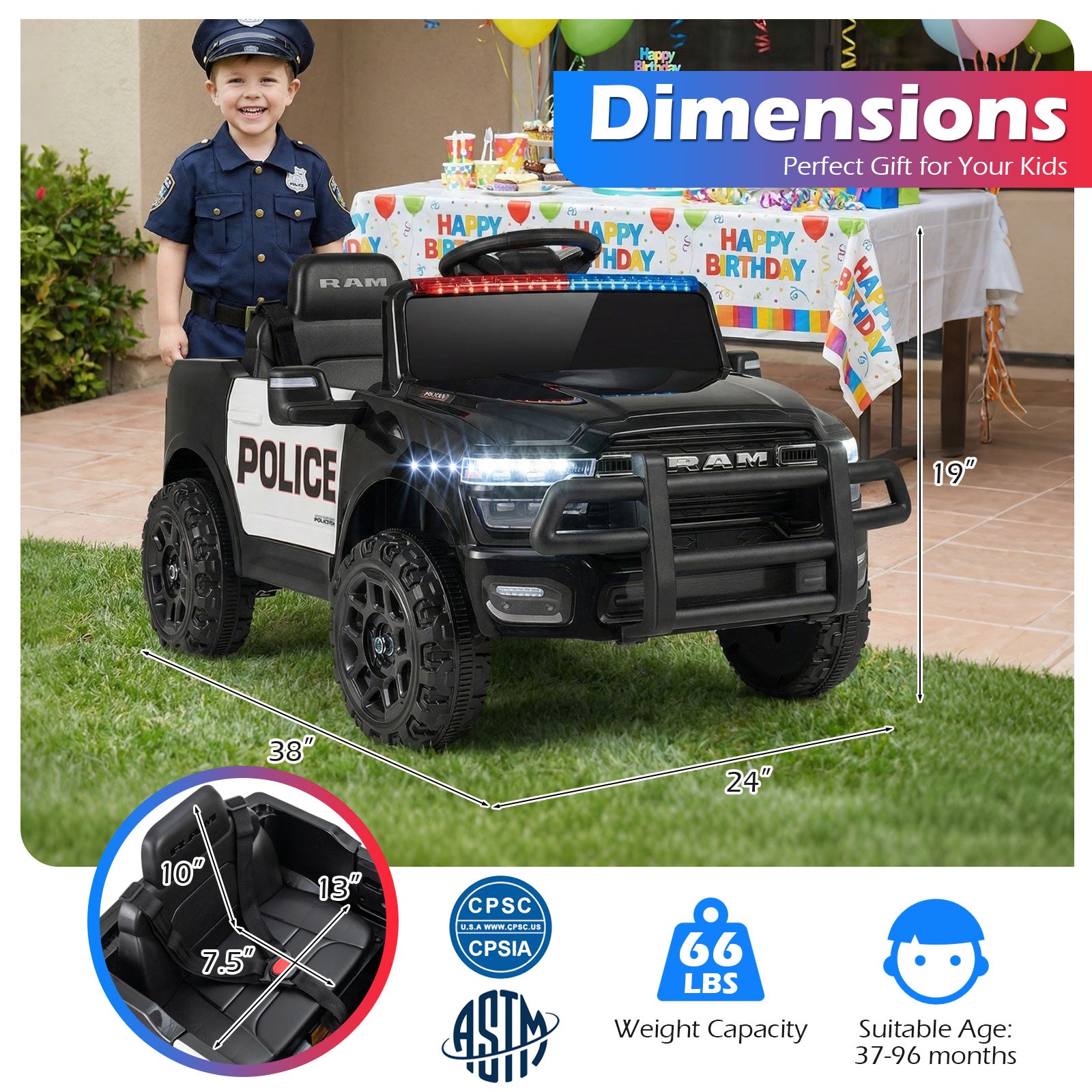 Child in police uniform standing next to a toy police car with dimensions displayed, set against a birthday party backdrop.