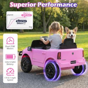 Pink toy truck with a child and dog on a road, featuring text about superior performance and specifications.