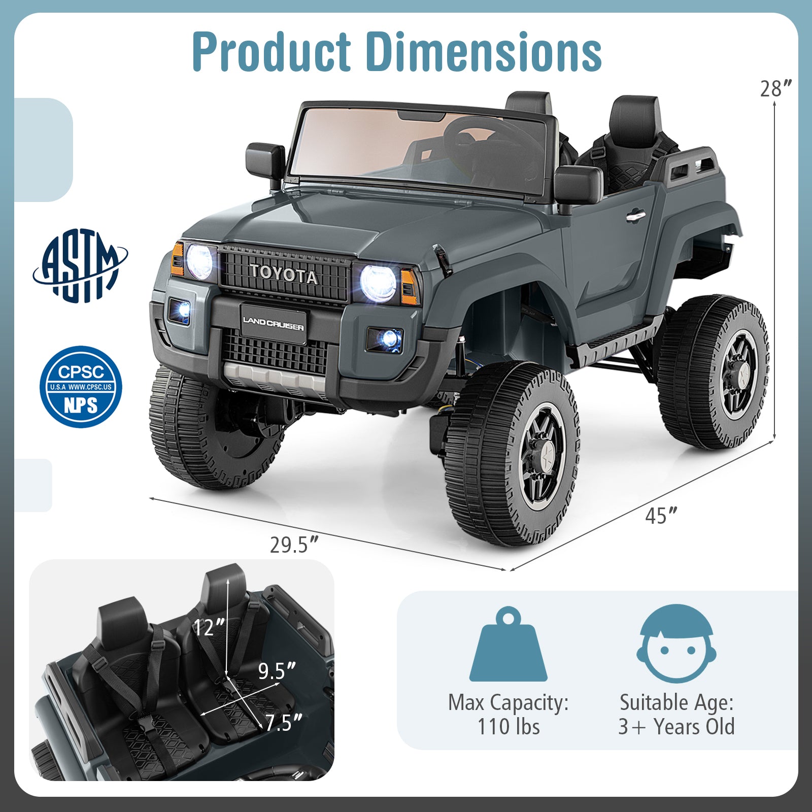 Toy truck with dimensions and safety certification logos on a white background