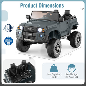 Toy truck with dimensions and safety certification logos on a white background