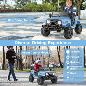Children playing with a blue toy jeep on a sidewalk, with text indicating different driving modes.