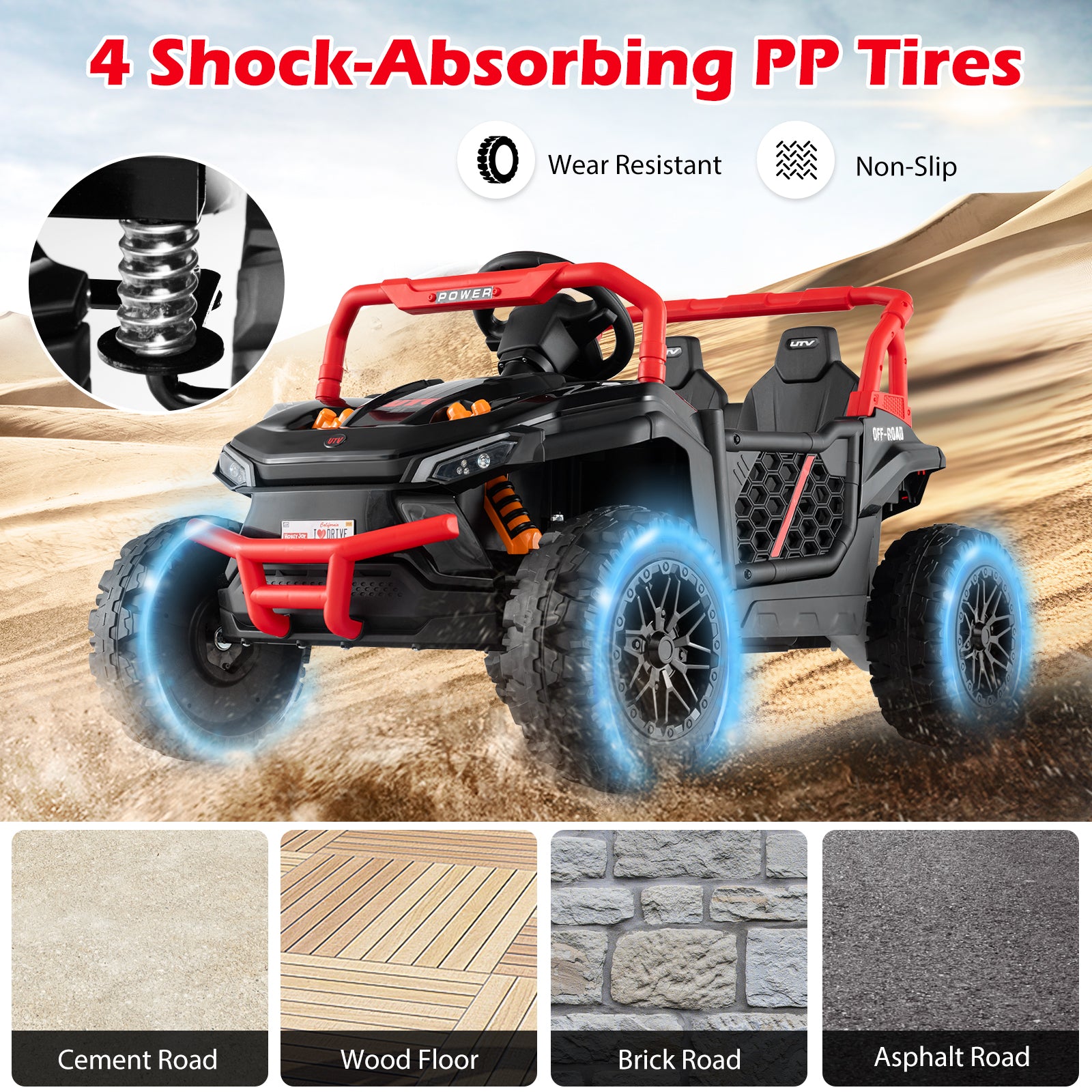 Toy off-road vehicle with shock-absorbing PP tires on a sandy background, featuring wear-resistant and non-slip properties.