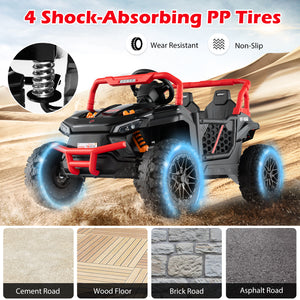 Toy off-road vehicle with shock-absorbing PP tires on a sandy background, featuring wear-resistant and non-slip properties.