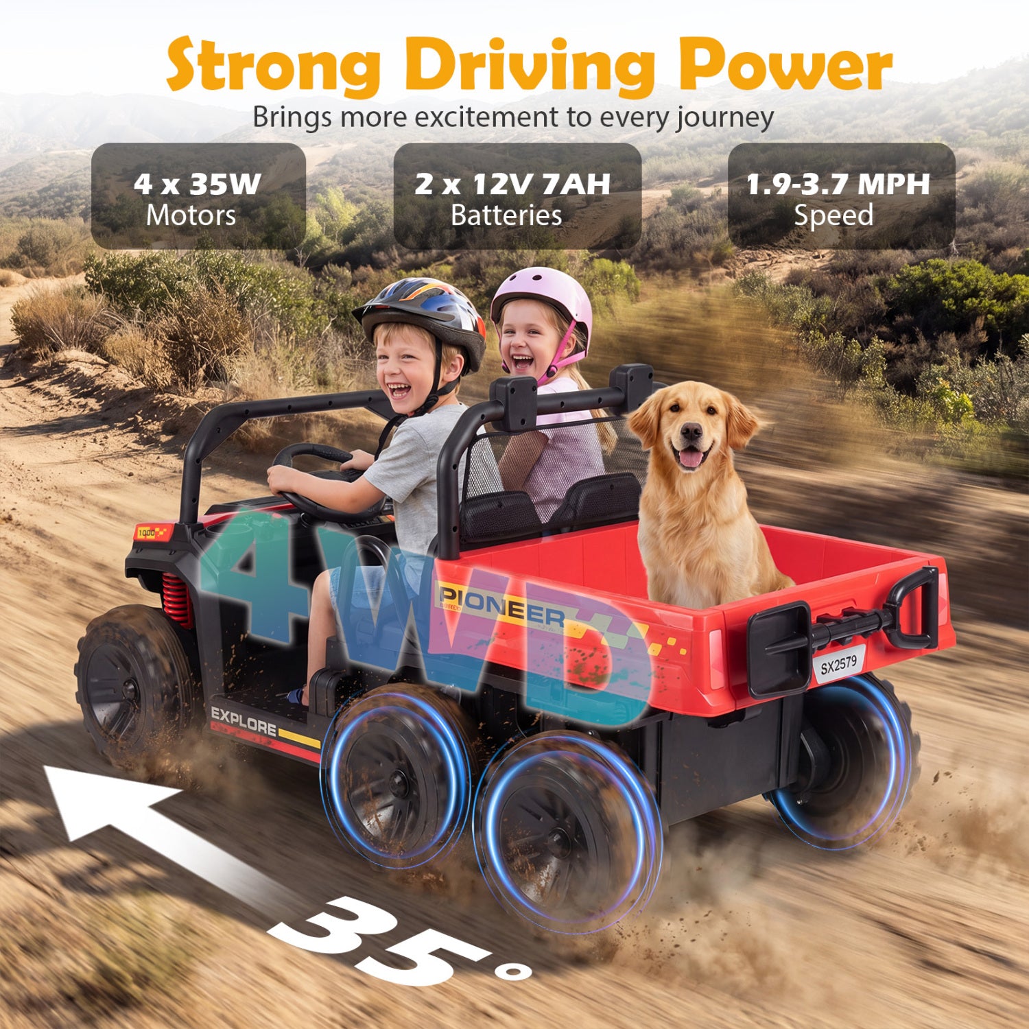 Children and a dog in a toy off-road vehicle with specifications displayed.