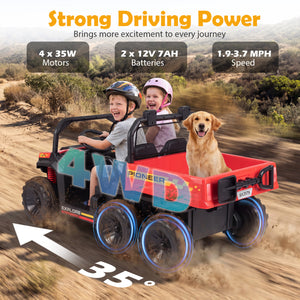 Children and a dog in a toy off-road vehicle with specifications displayed.