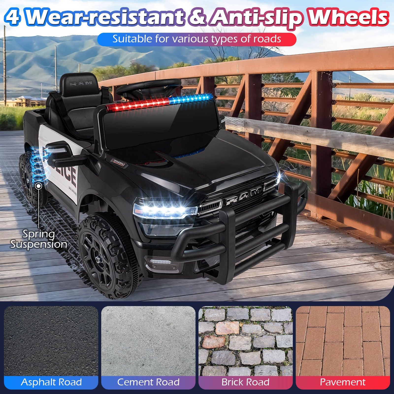 Children's toy police car with features highlighted on a wooden bridge background