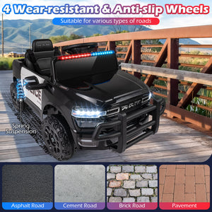 Children's toy police car with features highlighted on a wooden bridge background