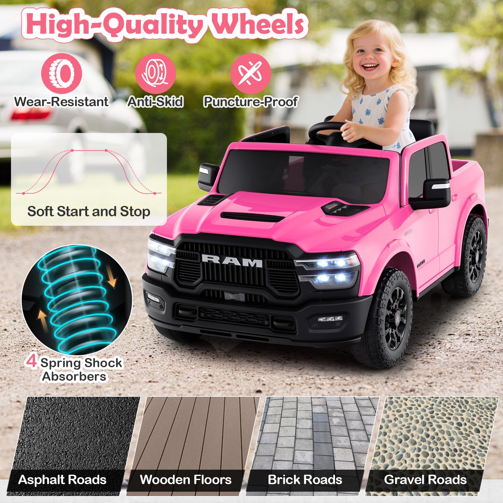 Pink toy truck with features highlighted and a child sitting inside.