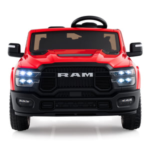 Red toy truck with RAM branding on a white background