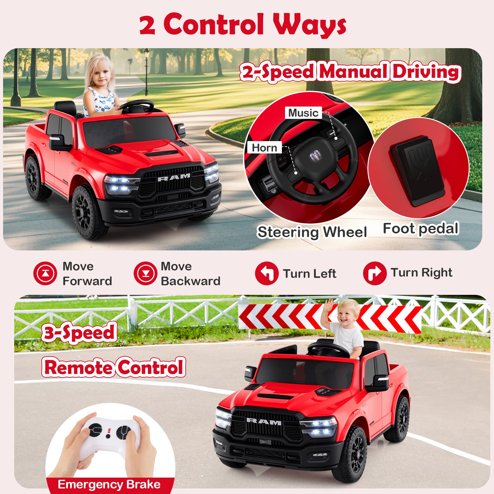 Red toy truck with controls and features highlighted on a scenic background