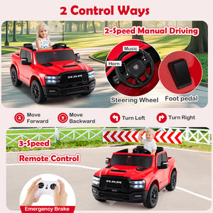 Red toy truck with controls and features highlighted on a scenic background