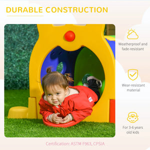 Child playing in a colorful play structure with text about durable construction.