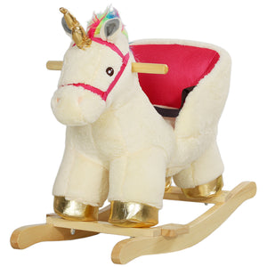 Plush rocking horse unicorn with a gold horn and pink interior on a white background