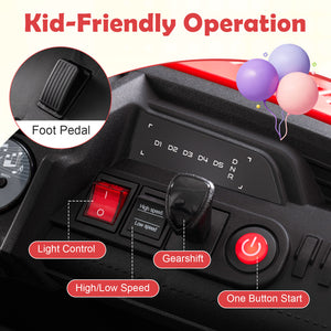 Control panel of a toy car with labeled components and 'Kid-Friendly Operation' text.