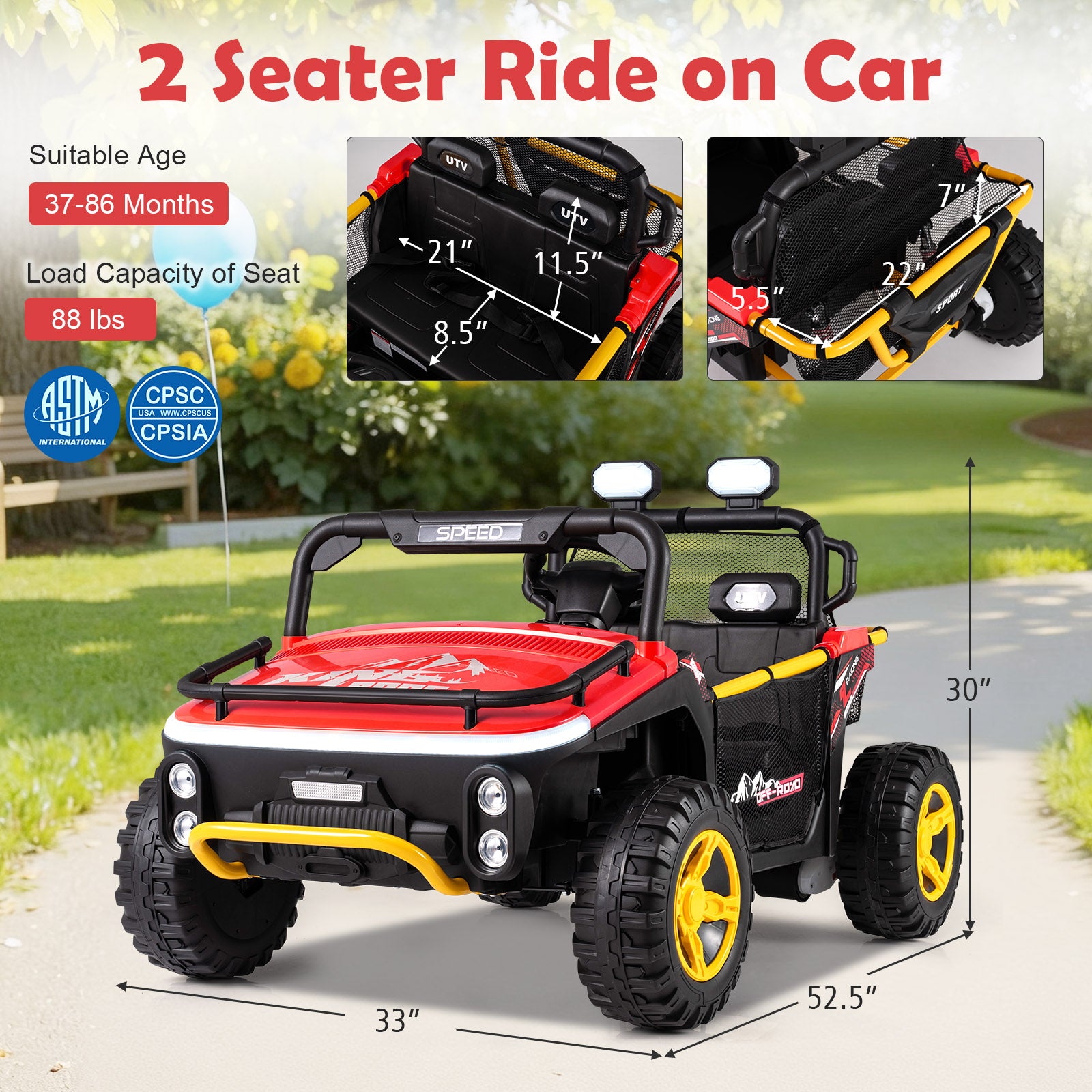 Red and black 2-seater ride-on car with yellow wheels, suitable for ages 37-86 months, on a grassy background.