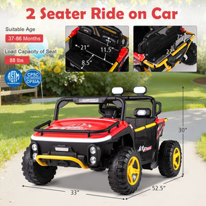 Red and black 2-seater ride-on car with yellow wheels, suitable for ages 37-86 months, on a grassy background.