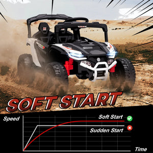 Off-road vehicle in a desert setting with 'Soft Start' text and graph.