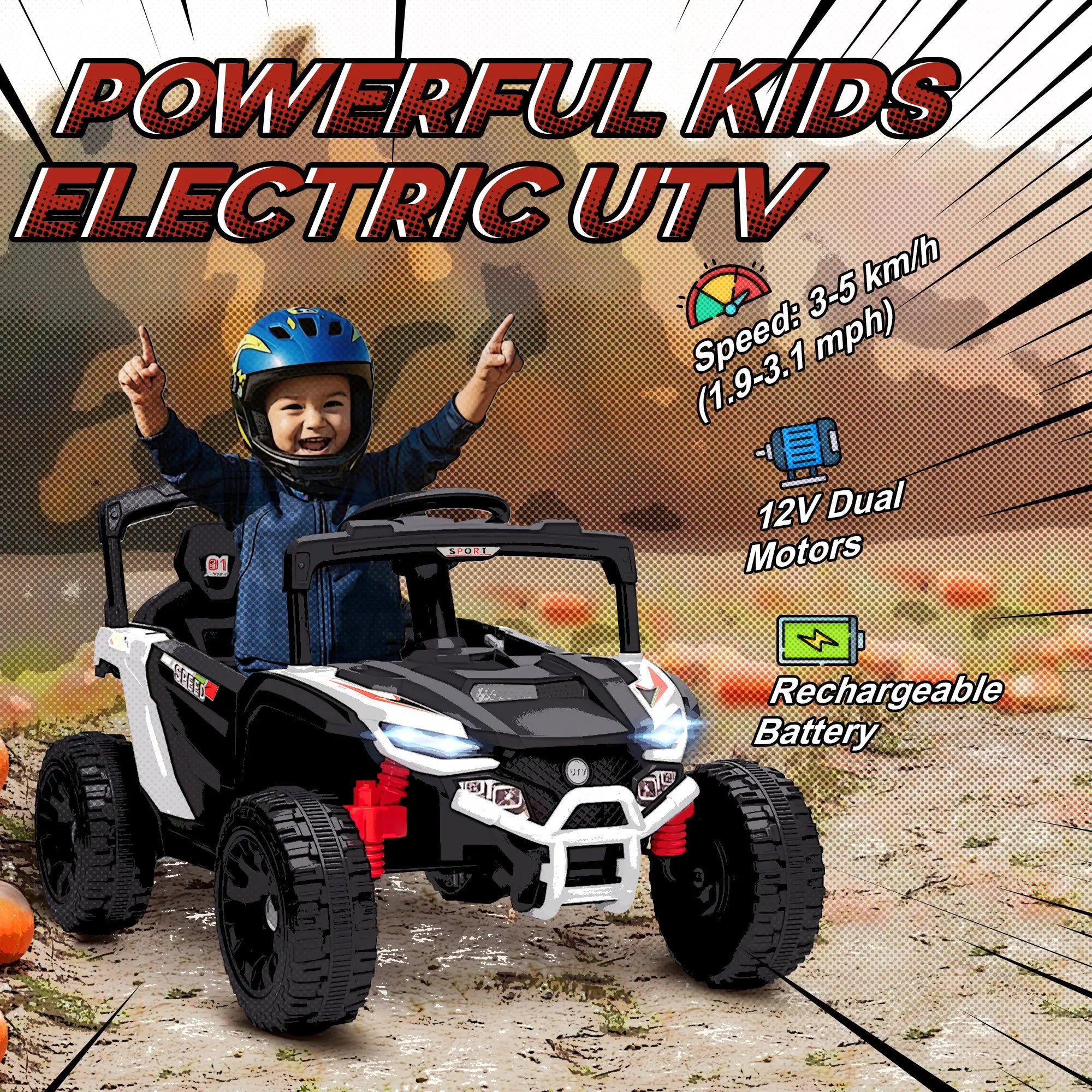 Child with a toy electric UTV in an outdoor setting, with text highlighting features like speed and battery type.