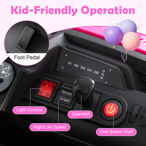 Control panel of a toy car with labeled components and 'Kid-Friendly Operation' text.
