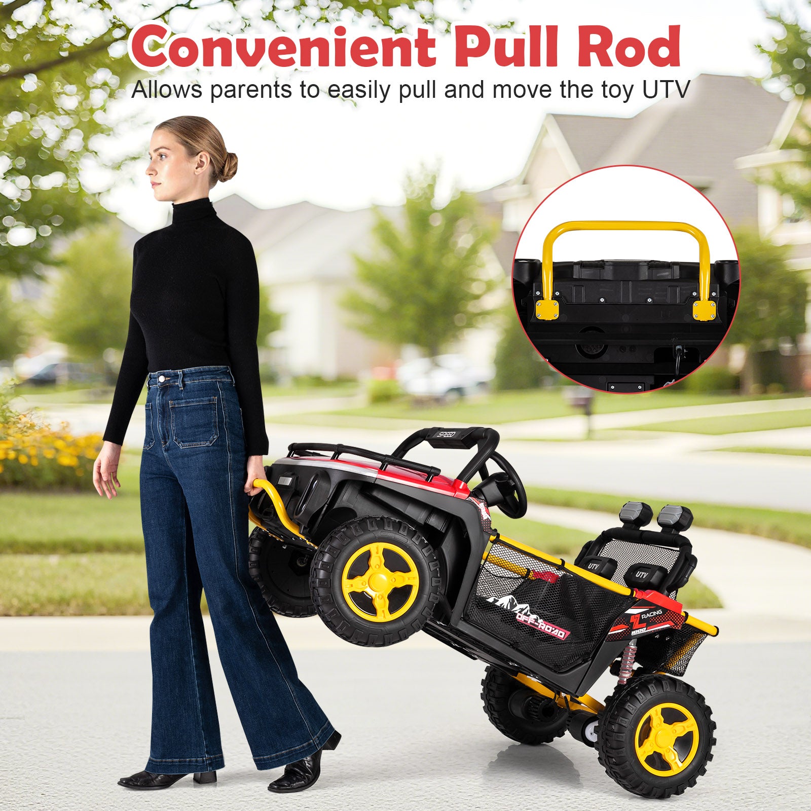 Woman pushing a toy UTV with a convenient pull rod feature, set against a suburban background.