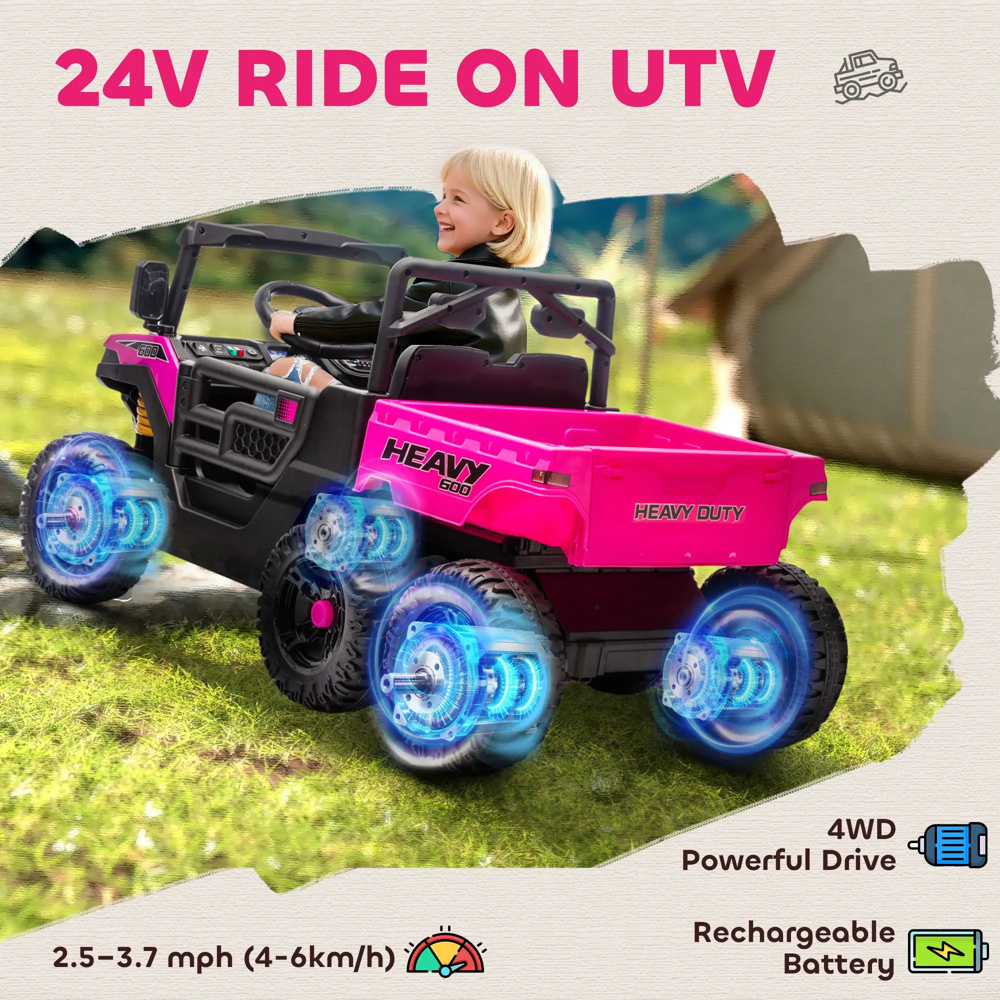 Pink and black ride-on UTV with blue lights on a grassy background, featuring text about specifications.