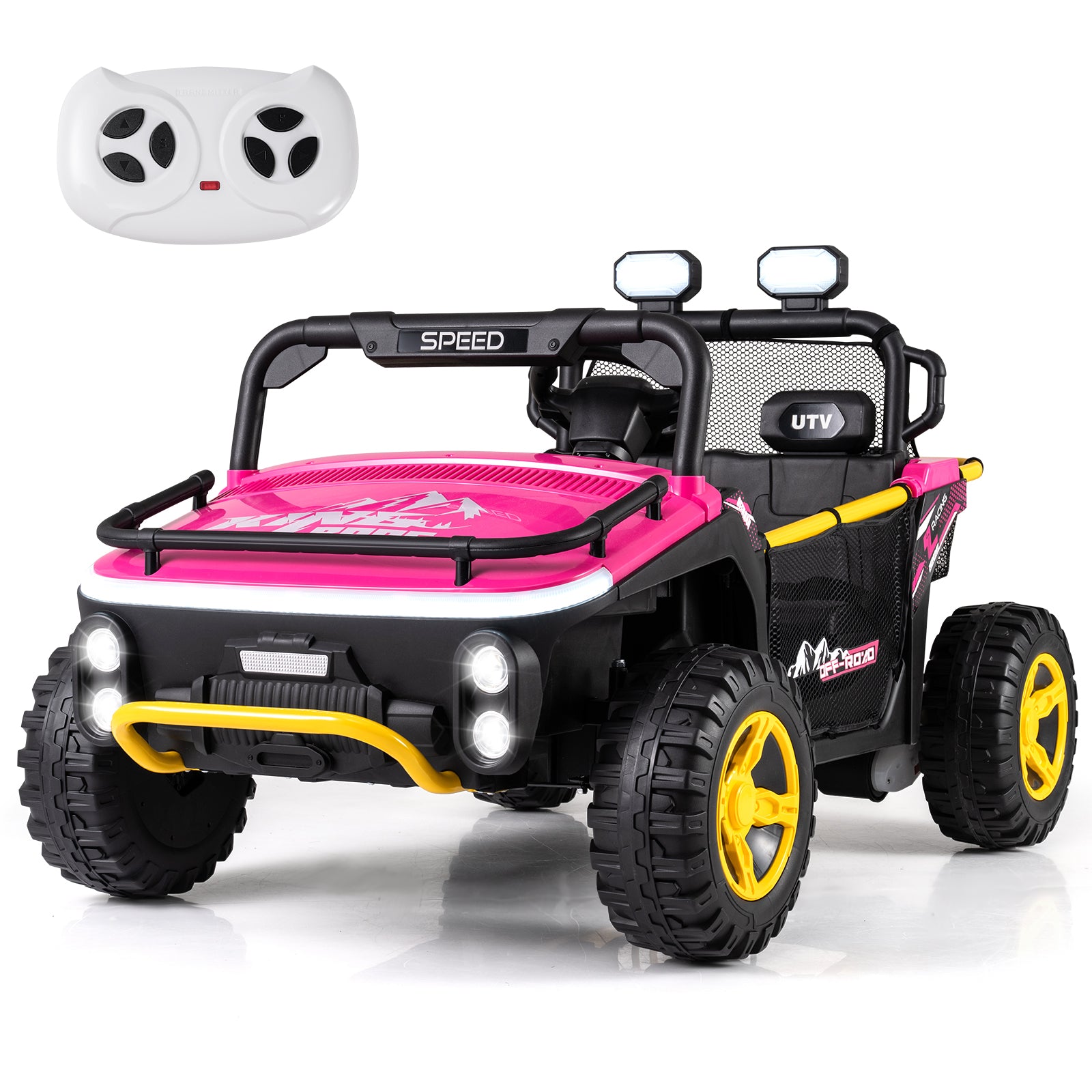 Pink and black toy off-road vehicle with remote control on a white background