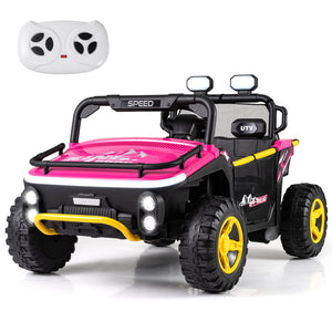 Pink and black toy off-road vehicle with remote control on a white background