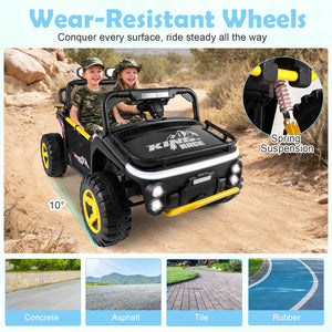 Children's off-road vehicle with wear-resistant wheels and spring suspension on a rocky path.