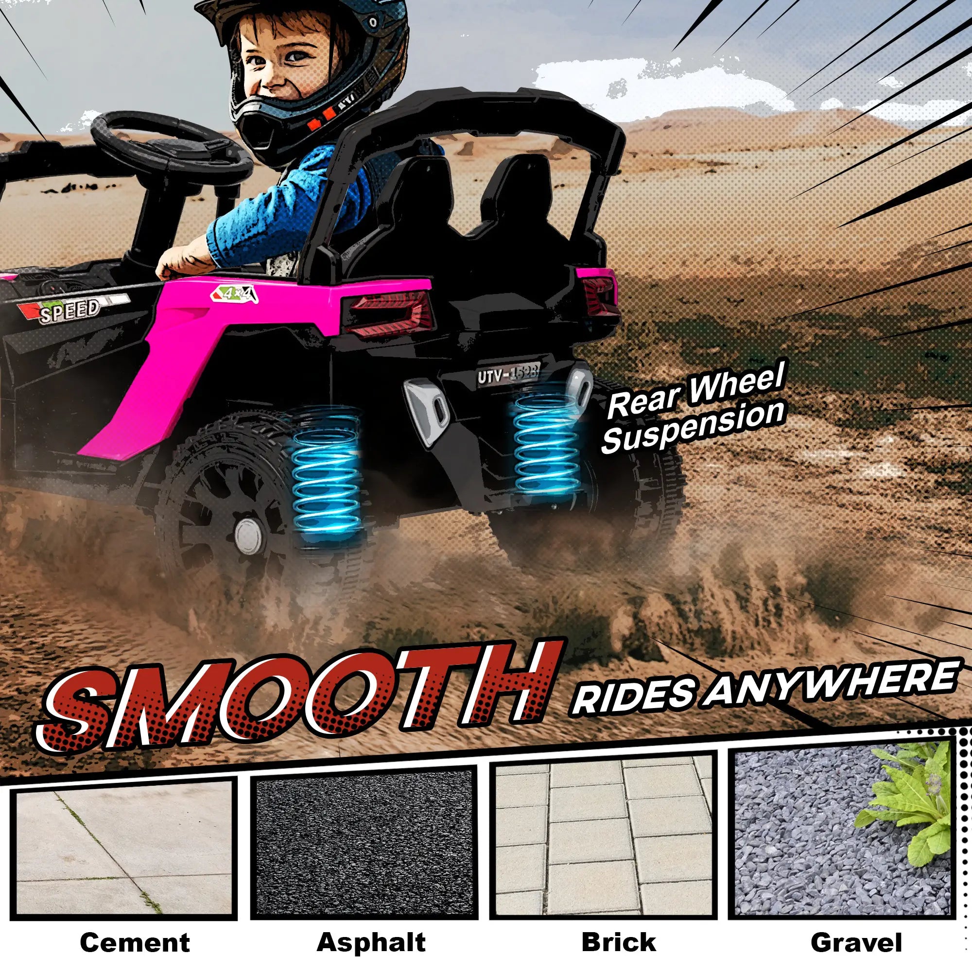 Child playing with a toy off-road vehicle on a dirt road with text highlighting features.