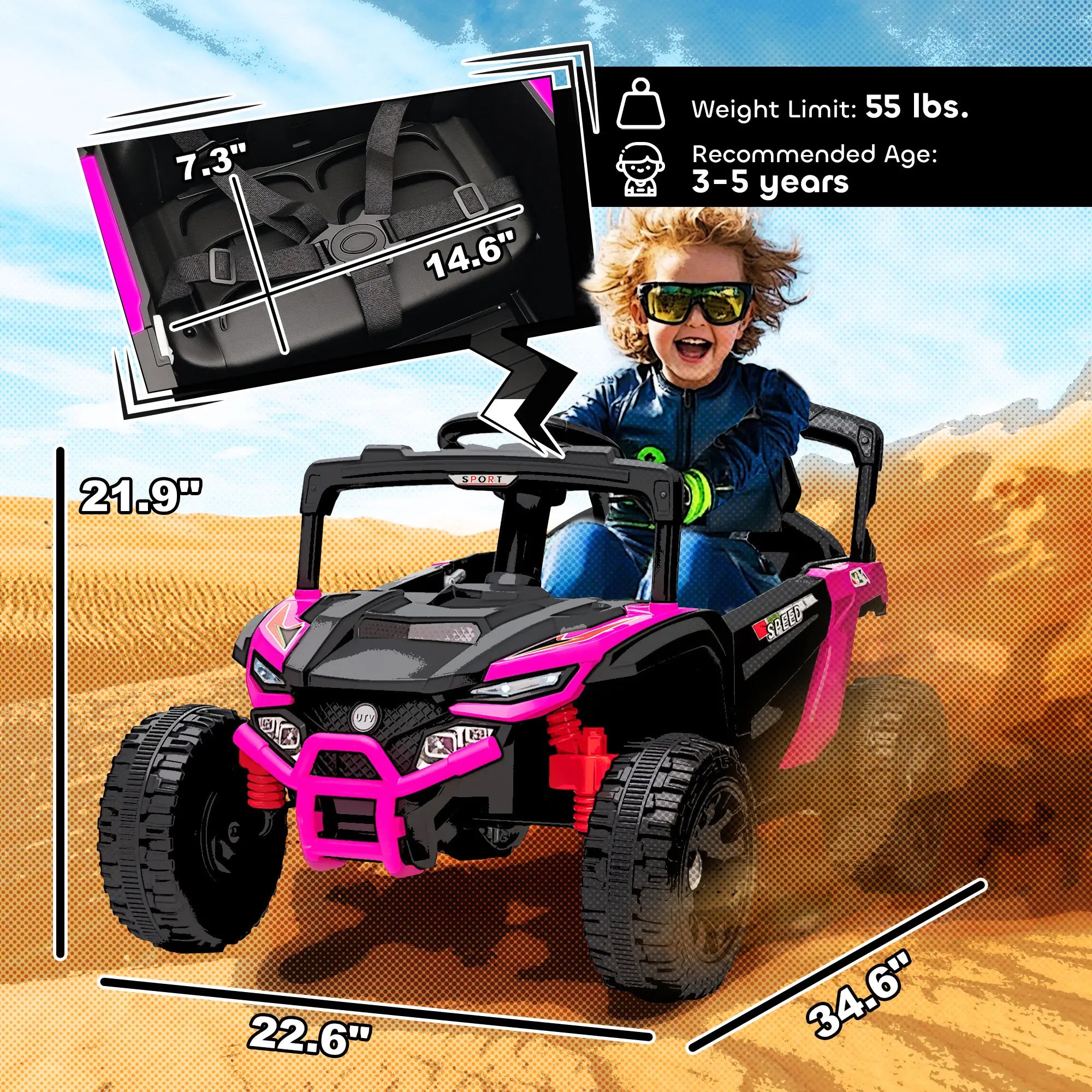 Child playing with a toy car on sand dunes, with measurements and specifications displayed.