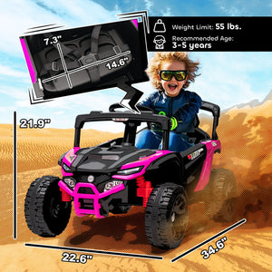Child playing with a toy car on sand dunes, with measurements and specifications displayed.