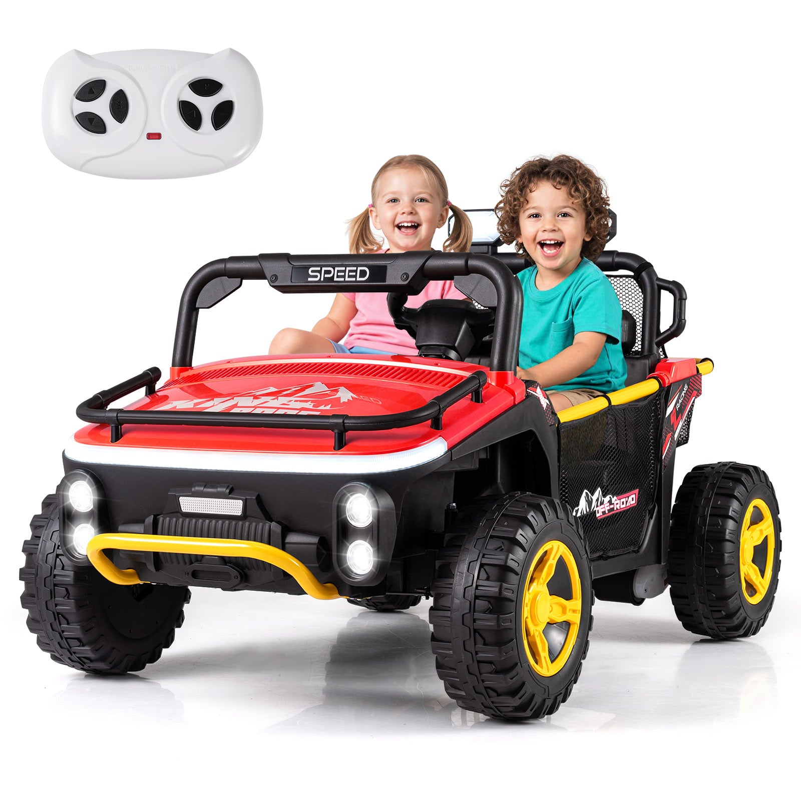 Children sitting in a red and black toy car with yellow wheels on a white background