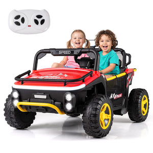 Children sitting in a red and black toy car with yellow wheels on a white background