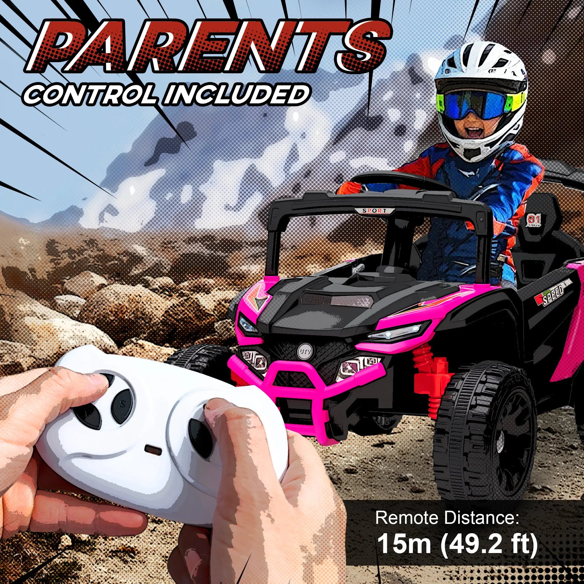 Child in a toy off-road vehicle with remote control, desert background