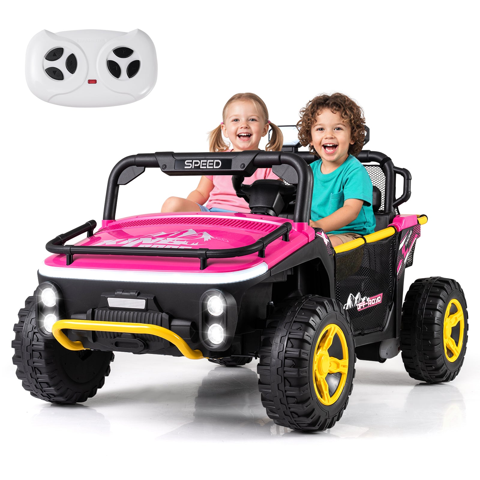 Children sitting in a pink and black toy car with a remote control on a white background