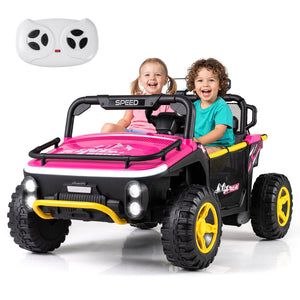 Children sitting in a pink and black toy car with a remote control on a white background