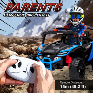 Child in a toy off-road vehicle with remote control, desert background