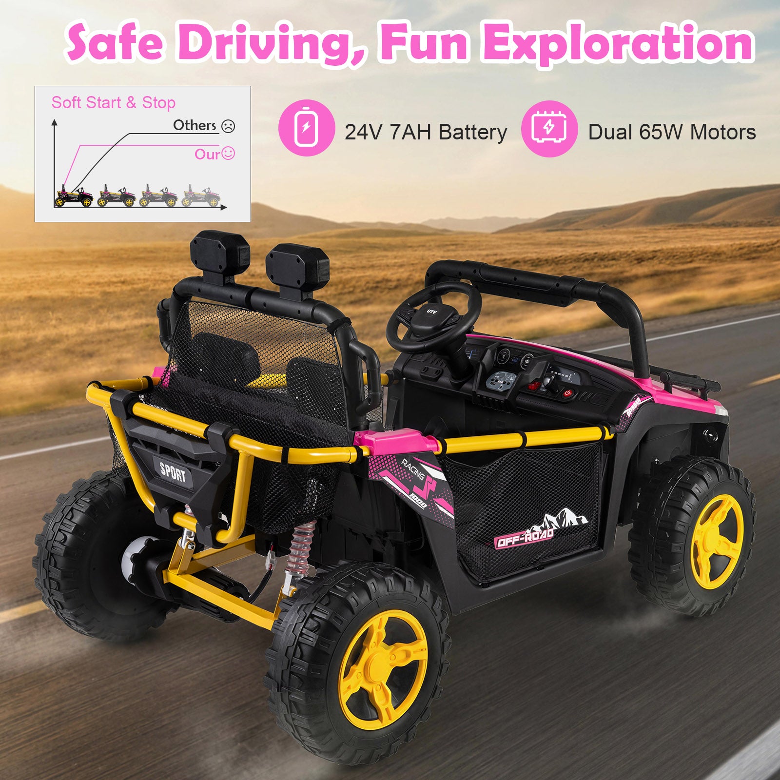 Children's electric toy car with black, yellow, and pink design on a road with desert landscape in the background.