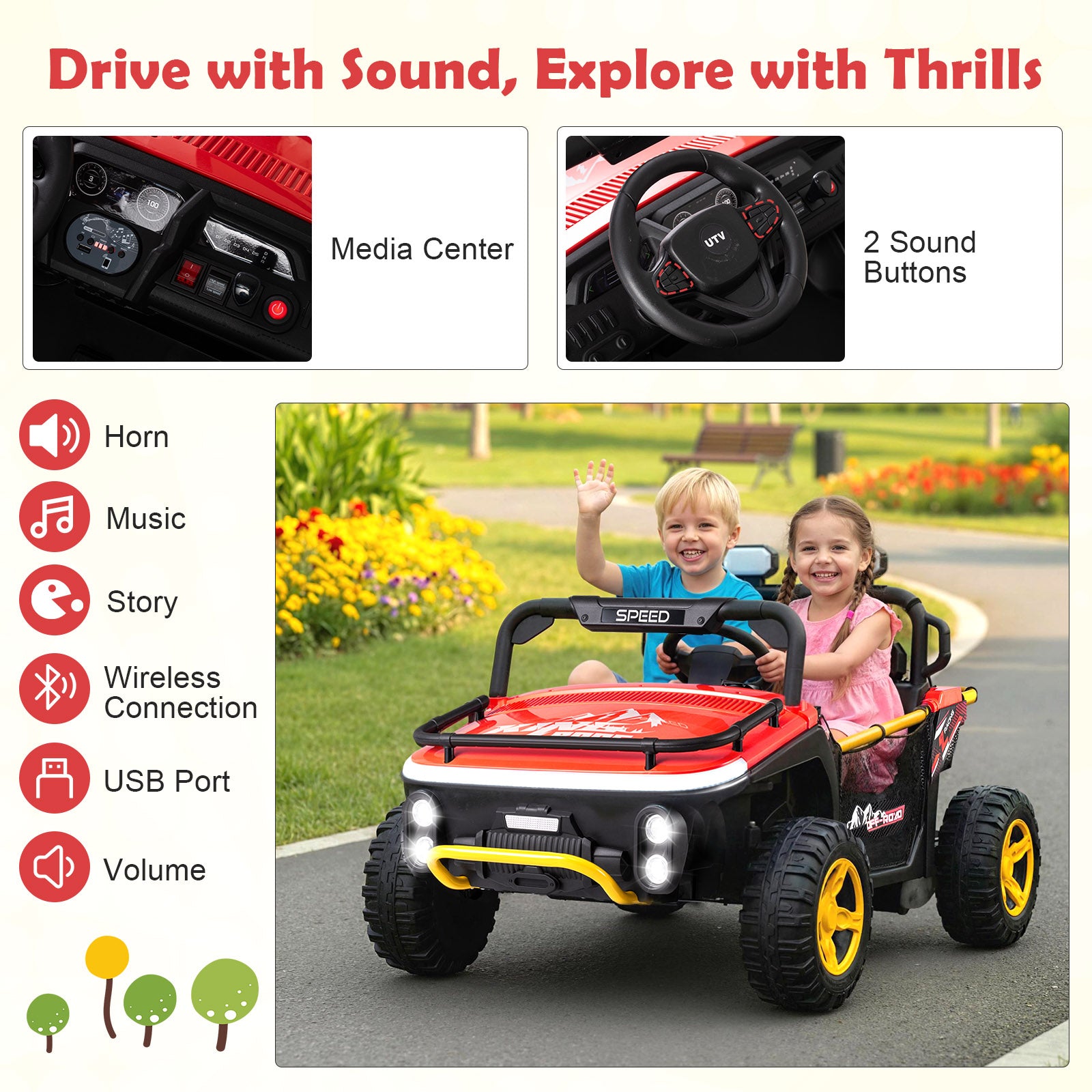 Children playing with a toy car in a park, featuring sound and media features.