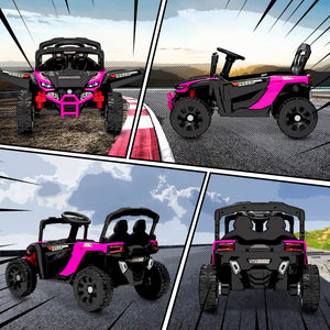 Collage of a pink and black toy off-road vehicle in various poses.